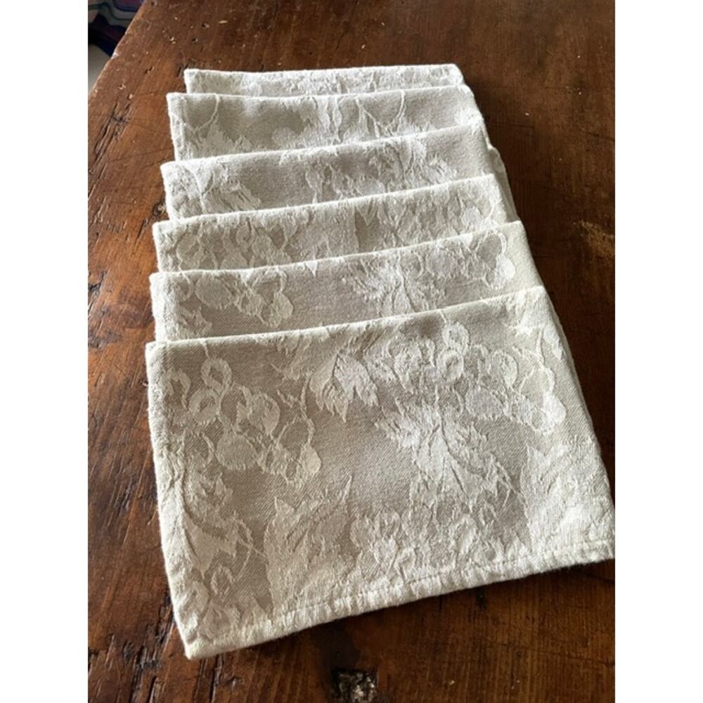 Ivory Floral Damask Cotton Napkins Set of 6 Woven Jacquard Table Linens